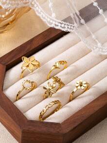 6pcs Minimalist Stainless Steel Ring Set For Women, Includes Flower, Heart, Sun Designs, Suitable For Daily, Holiday, Dating, Engagement, Wedding, Outing, Party Matching - Gold - View 5