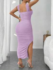 Vestido de graduación; Vestido ajustado de malla con superposición fruncida y abertura en el muslo, vestidos en tonos pastel para mujeres - Lila Púrpura - Ver 2