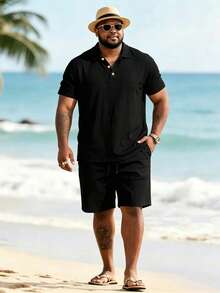 Plus Size Men's Summer Solid Color Short Sleeve Shorts 2-Piece Set, Men's Plus Size Polo Outfit - Black - View 5