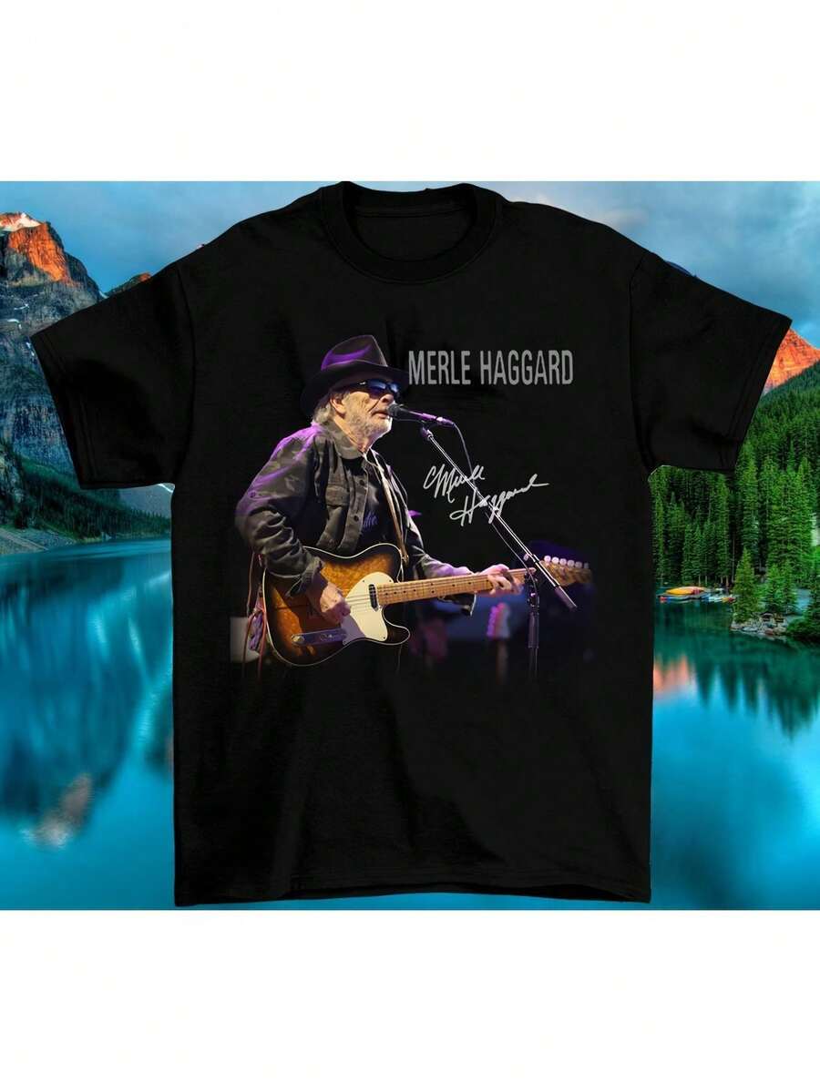 Dam - Merle Haggard Signature Country Music T-Shirt - Officiell Vintagedesign Med Autograf Och Gitarrmotiv, Unisex Avslappnad Kortärmad T-Shirt Finns I Storlekarna S-5XL (Inklusive), Maskintvättbar, Bekväm Att Bära året Runt, Lös Och Bekväm Passform. - Back - View 1