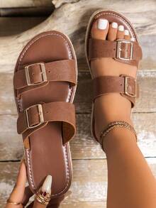 Summer Beach Walking Sandals For Women Flats Dressy Comfortable Flats Slides Buckle Shoes Outdoor Travel - 棕色 - 查看 1