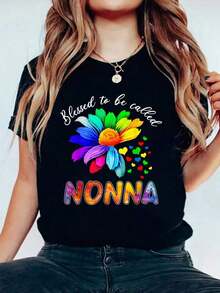 Camia "To Be Called Nonna" con Estampado de Girasol y Arcoíris para Amantes, Camia Casual Estampada 100% Algodón para Mujer, Camias de Verano de Manga Corta con Estampado Gráfico, Tops para Mujer Transpirables y Cómodos - Negro - Ver 1