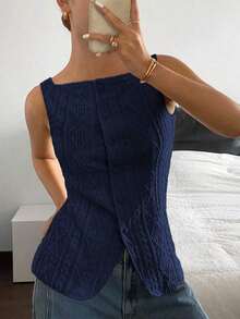 Camisa ajustada sin mangas de mujer con estampado de lunares - Azul marino - Ver 8