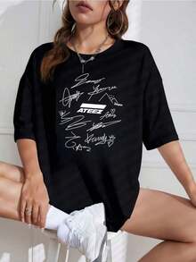 Camiseta Unisex con Estampado de Firma K-Pop, Cuello Redondo, Manga Corta, Diseño Casual, Ideal para Fans - Negro - Ver 9