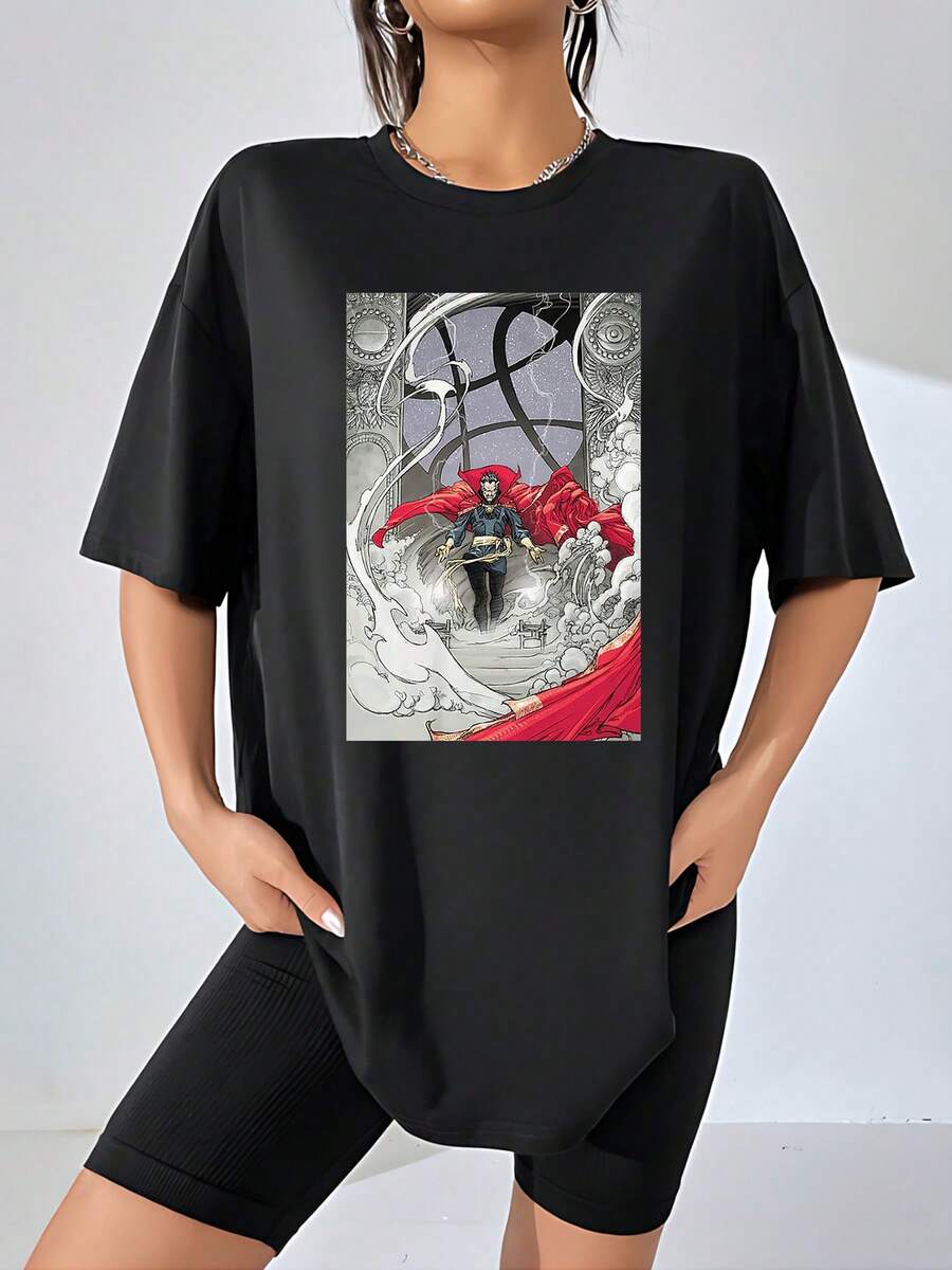 Figura mística rodeada de energía cósmica simbolizando poder interior y sabiduría universal inspirada en el equilibrio entre mente y espíritu camiseta de mujer casual cómoda para uso diario - Negro - Ver 1