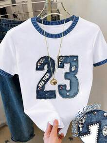 Camiseta de mujer de cuello redondo con estampado de lunares, rayas y corazones - Blanco - Ver 6
