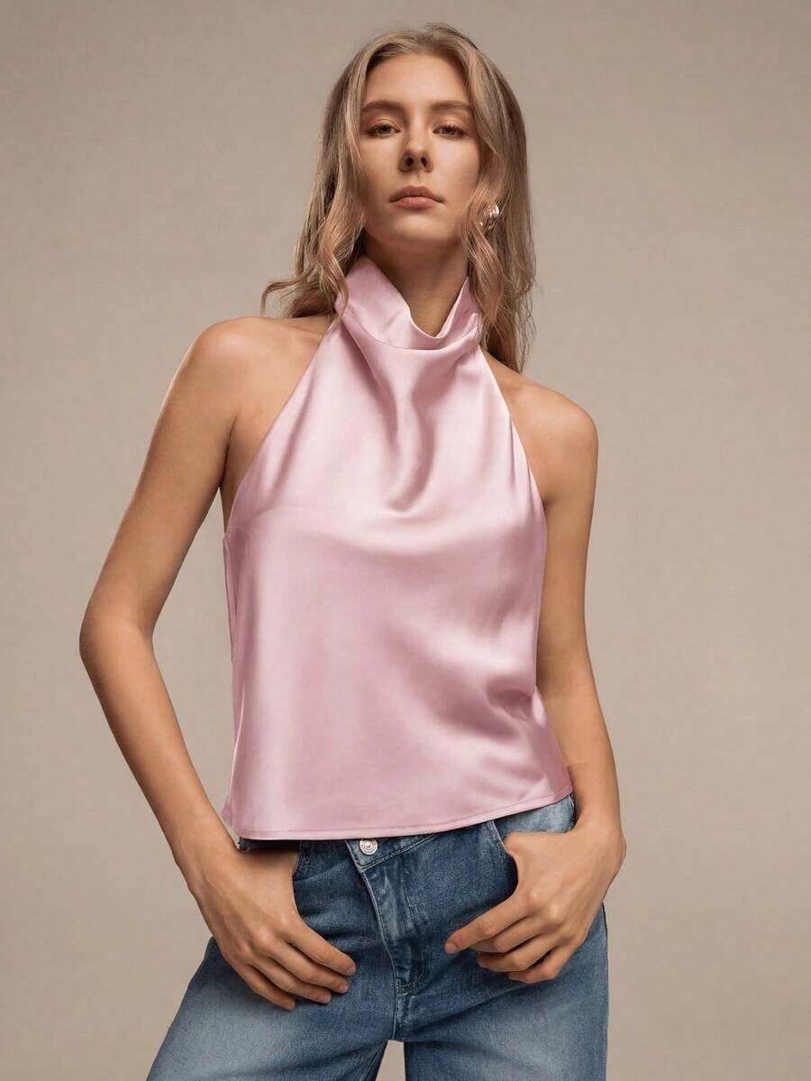 Blusa de mujer de nuevo verano de unicolor y sexy con espalda descubierta y hombros descubiertos, adecuada para citas y fiestas - Rosa Pálido - Ver 1