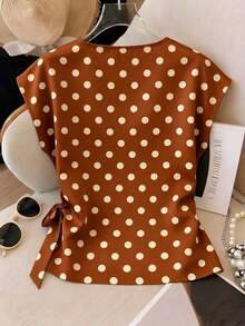Nueva camiseta de satén de verano para mujer con cuello redondo y lunares elegante - Café integral - Ver 2