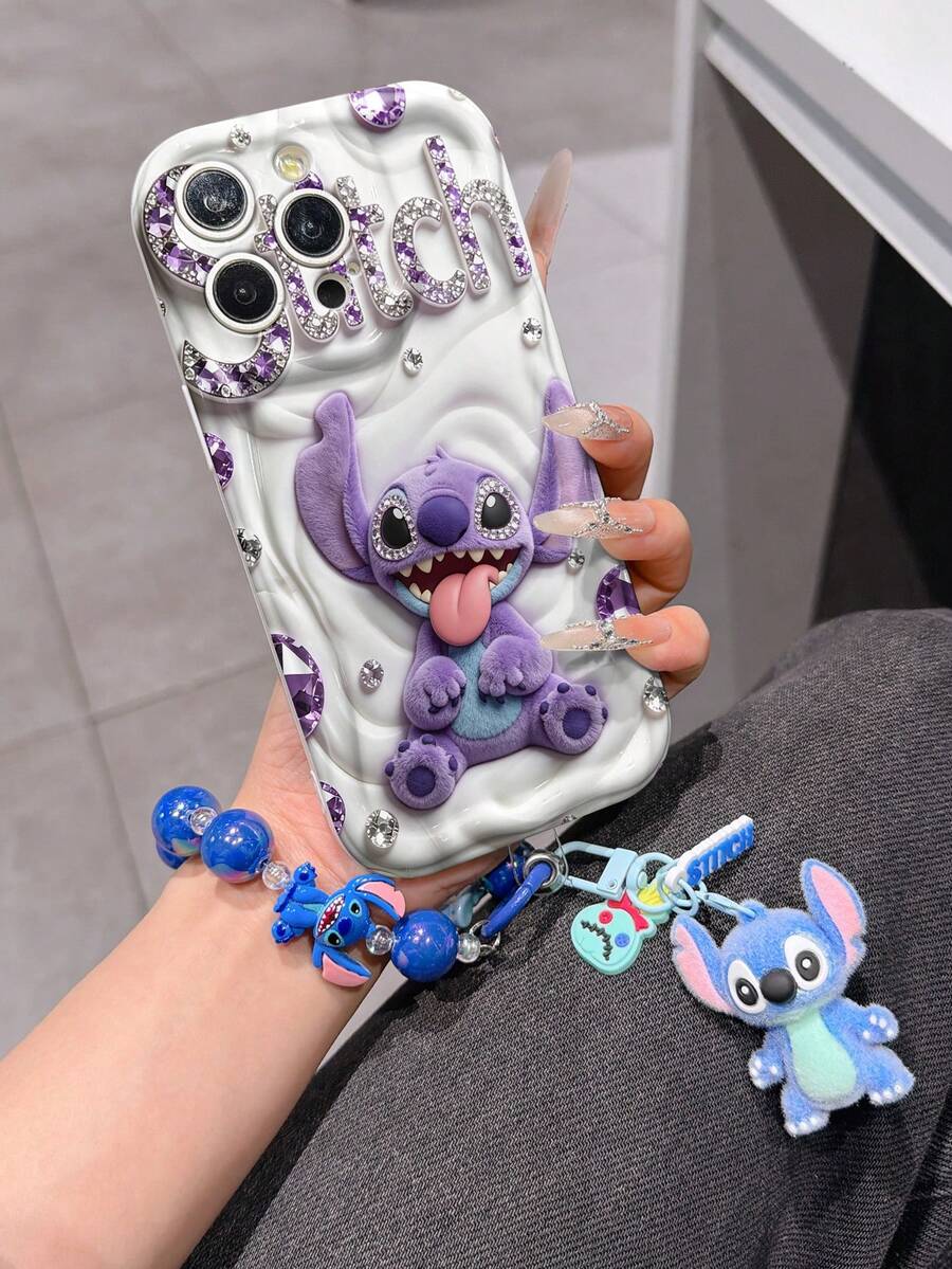 Disney Has Authorized, Phone Case - Chain Set, The Stitch Lilo & Stitch 3D Phone Case Plus A Silicone 3D Stitch Bracelet With Metallic Ring Removable Bracelet, Stitch And Angel Pattern, Compatible With Iphone17/16/15/14/13/12/11/XS/XR/X Plus Pro Max, A Stylish Cartoon Phone Case, The Perfect Gift Choice, Phone Protection, Durable Phone Cover, Great Gift For Friends And Family. - trắng - Xem 1