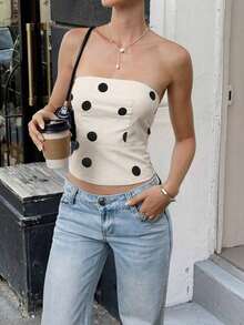 Top ajustado de mujer de estilo vintage y retro con lunares, casual de verano - Albaricoque - Ver 1