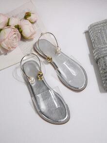 Giày sandal đế bằng hở mũi mùa hè mới, quai ngang mắt cá chân bằng kim loại đính ngọc trai trong suốt, thích hợp cho nữ đi biển hoặc du lịch. - Bạc - Xem 6