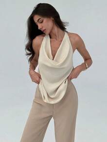 Camiseta ajustada con escote en pico minimalista y elegante para mujer - Albaricoque - Ver 8