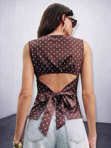 Camisa sin mangas con lazo en la espalda de unicolor, elegante, casual, sexy y minimalista para uso en la oficina y negocios para mujeres, primavera/verano - Marrón Chocolate - Ver 1