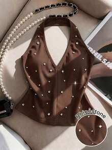 Petite Camiseta ajustada de mujer con escote en V, cuello halter y espalda descubierta, con detalles de pedrería en unicolor, para uso diario y fiestas - Café integral - Ver 1