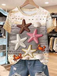 Camiseta de mujer de manga corta con estampado de corazón, cómoda camiseta casual de cuello redondo - Multicolor 6 - Ver 6