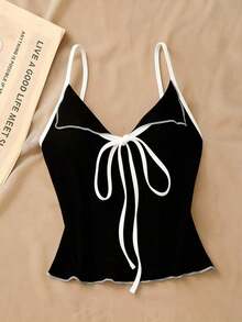 Top de tirantes con lazo y ribete de lechuga en contraste, elegante y ajustado, top para salir para mujeres, apto para el estilo del milenio - Negro - Ver 5
