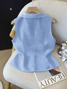 Camisa blanca sin mangas con cuello polo bordado para mujer, de primavera/verano, de estilo casual - Azul - Ver 2