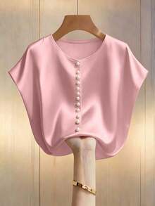 Blusa elegante de mujer con mangas de murciélago en color champán, cuello redondo decorado con perlas y manga corta, de tela de satén, adecuada para ir a trabajar y uso diario elegante - Rosa - Ver 1