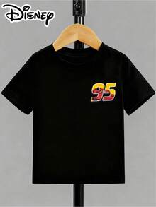 Disney 1pc, Cars Lightning Mcqueen Cartoon Pattern Print, Boys' Clothing, Summer Casual Cute Round Neck Short Sleeve T-Shirt, Fashionable Cool Atmosphere Full, Daily School/Casual Home/Outdoor Travel All-Match - màu đen - Xem 2