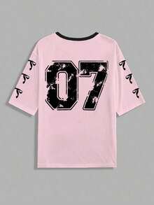 Camiseta casual con estampado de número 07 y letras para mujer, adecuada para el verano - Multicolor 2 - Ver 2