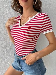Camiseta con estampado de rayas con parche de corazón - Rojo y blanco - Ver 4