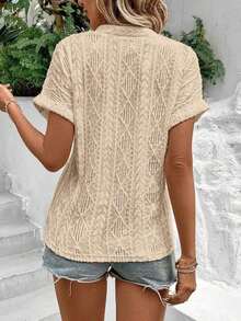 Camiseta suelta de mujer de manga de murciélago con escote en pico, de tela texturizada de unicolor, para verano y vacaciones - Caqui - Ver 2