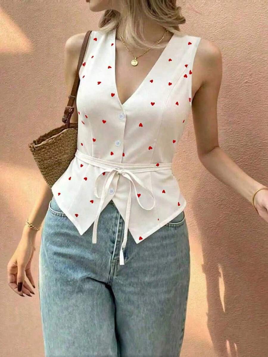 Blusa sin mangas de verano blanca con cuello en V, estampado de corazón y diseño de cintura anudada, versátil y de moda para mujer - Multicolor - Ver 1