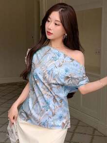 Blusa holgada con estampado floral en toda la prenda, para Año Nuevo, Vacaciones de verano, Salidas de mujeres, Pascua, Estilo bohemio - Azul 2 - Ver 6