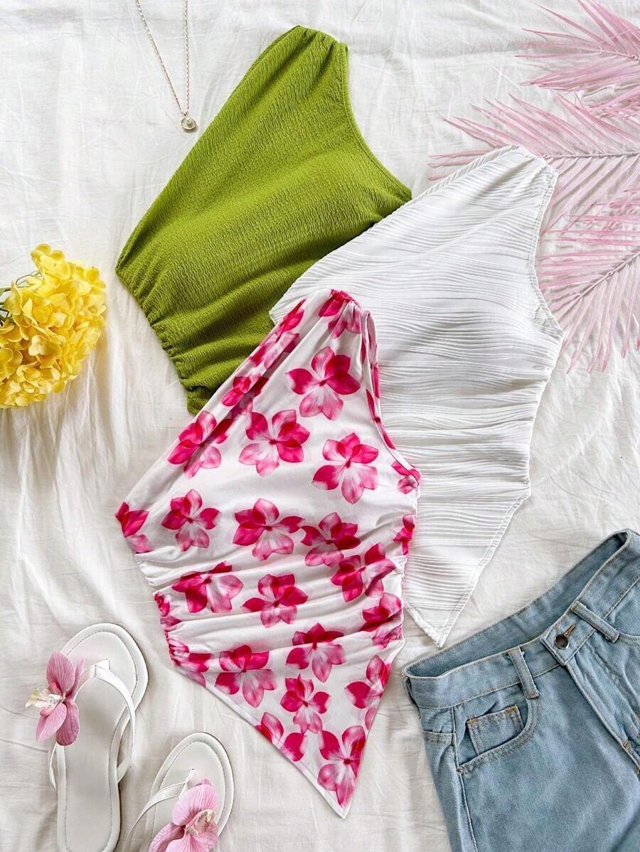Top corto sin mangas con volantes y estampado de flores rojas, corte asimétrico, adecuado para el verano y vacaciones - Multicolor - Ver 1