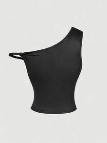 Blusa corta y ajustada de estilo elegante y vacacional, con cuello asimétrico y estampado jacquard de unicolor, para el verano - Negro - Ver 2