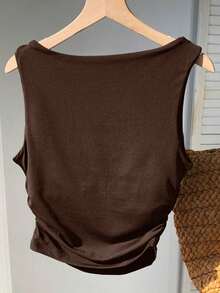 2 piezas Camiseta ajustada con pliegues versátil y casual para mujer - Café integral - Ver 2
