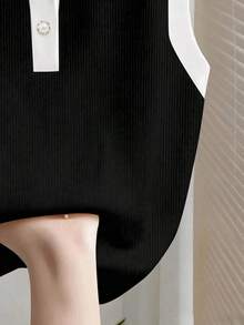 Parte superior sin mangas de contraste de color versátil casual para mujer, top blanco y negro, blusas de verano para mujer, blusas lindas y preppy, top de punto de verano sin mangas, camisa polo de punto para mujer, blusas de punto de verano par - Blanco y Negro 2 - Ver 4