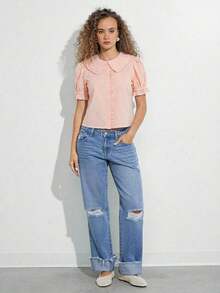 Camisa casual con cuello de volantes, mangas cortas abultadas y abotonadura, top lindo de otoño, ropa bohemia, atuendo de regreso a la escuela, para otoño, invierno, vestimenta occidental para mujer - Rosa - Ver 3