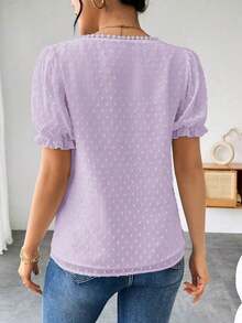 Blusa de gasa con estampado de lunares francés de moda para mujer, diseño elegante y elegante de manga corta con volantes para el verano - Púrpura malva - Ver 2