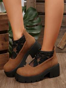 Mira Footwear 女款蕾絲拼接圓頭後拉鍊復古棕色網面透氣靴 波西米亞風 適合戶外、節慶與日常穿著 全季節新款時尚百搭增高短靴 隨機圖案 - 棕色 - 查看 4