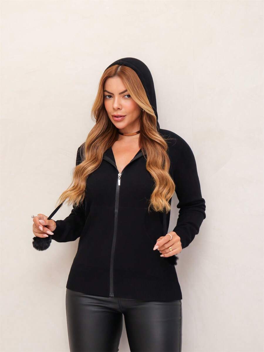 Women's Knitted Jacket With Hood And Zipper, Modal, Comfortable And Stylish, Winter SD3002 - Black - View 1