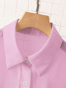 Blusa minimalista de unicolor transparente con cuello vuelto, blusas de manga larga - Rosa - Ver 3