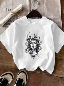 Camiseta de mujer de talla grande MEDUSA DIOSA, estilo casual, adecuada para el gimnasio y el verano. - Blanco - Ver 3