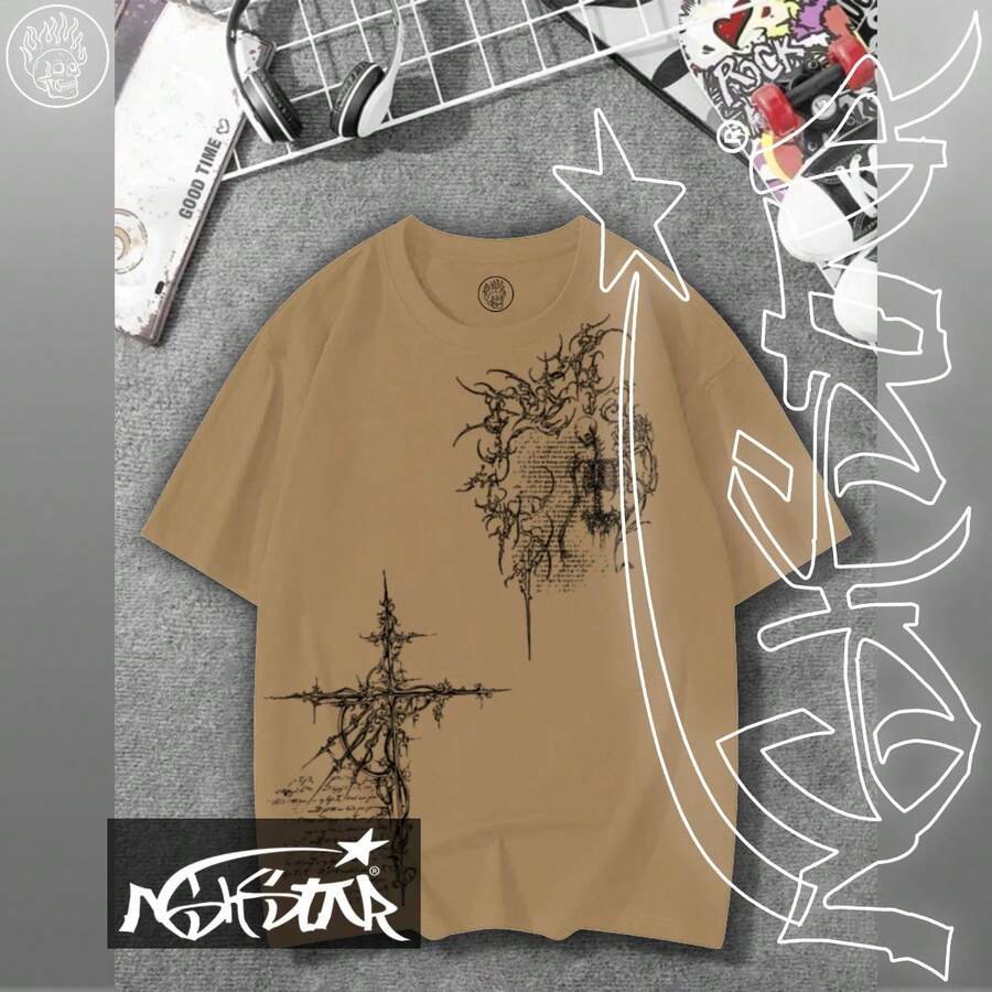 Premium 100% Cotton T-Shirt ASHSTAR "GOTHIC CROSS SKULL" - 卡其色 - 查看 1