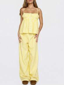 Sexy Camisole Top With Button Design, Sleeveless Striped Top And Wide Leg Pants Set, Home Wear, Photography, Vibrant Graduation Season, College Style, Spring/Summer New - Yellow - View 2