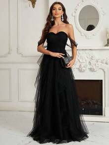 Belle Vestido de dama de honor con hombros descubiertos y malla, negro, elegante, formal, de noche, para graduación, cena o fiesta de boda - Negro - Ver 1