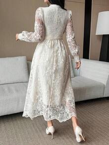 Vestido de media longitud con cinturón y cuello de encaje elegante para mujer, vestido de verano/primavera - Albaricoque - Ver 2