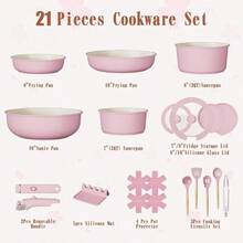 Pots And Pans Set Non Stick, 21 Pcs Nonstick Ceramic Cookware Set, RV Kitchen Cooking Set With Detachable Handles, Oven Induction Cookware, Stackable, Pink, - View 2