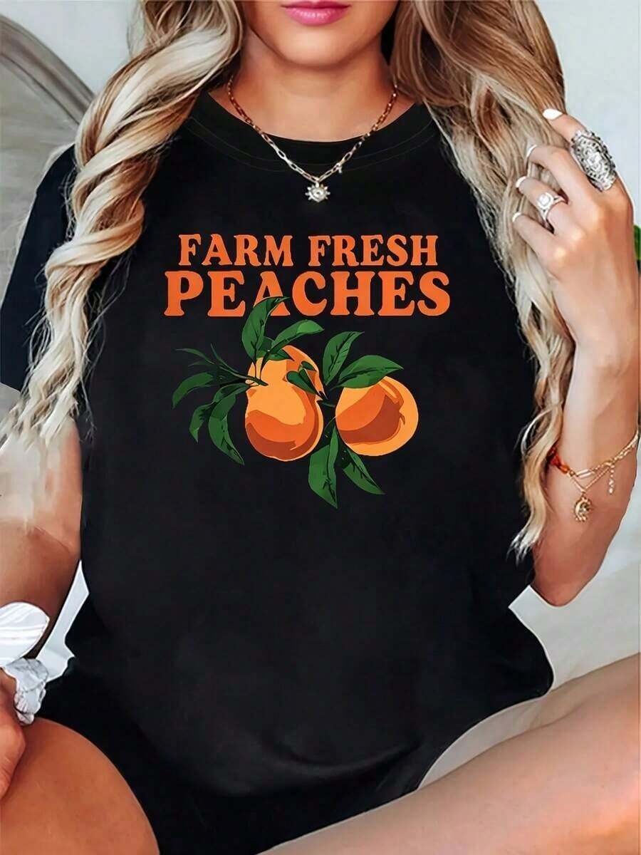 Cool Vintage Women's T-Shirt With Orange And Peach Fruit Print - Short Sleeve Blouse With Round Neck, Regular H-Shaped Cut, Casual Summer Top, Machine Washable, Casual Spring/Autumn Outfit With Comfortable Non-See-Through Fabric. - 黑色 - 查看 1