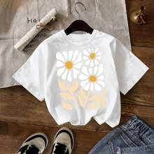 Camiseta con Estampado de Flores Vintage, Camiseta de Verano para Niñas, Camiseta de Manga Corta con Cuello Redondo, Suave, Elástica y Cómoda, Tops de Verano a la Moda - Blanco - Ver 7