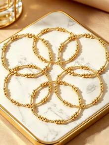 Bộ 3/6 chiếc vòng tay hạt đồng phong cách Boho tối giản, thiết kế chấm bi, vòng tay co giãn mạ vàng 18K, vòng tay mùa hè dành cho nữ, quà tặng cho bạn bè. - Bộ vòng tay 3 món - Xem 6