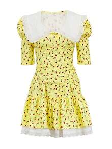 Vestido floral verano 2026, cuello muñeca, manga corta, cintura ajustada, estilo elegante corte pomposo - Amarillo - Ver 3