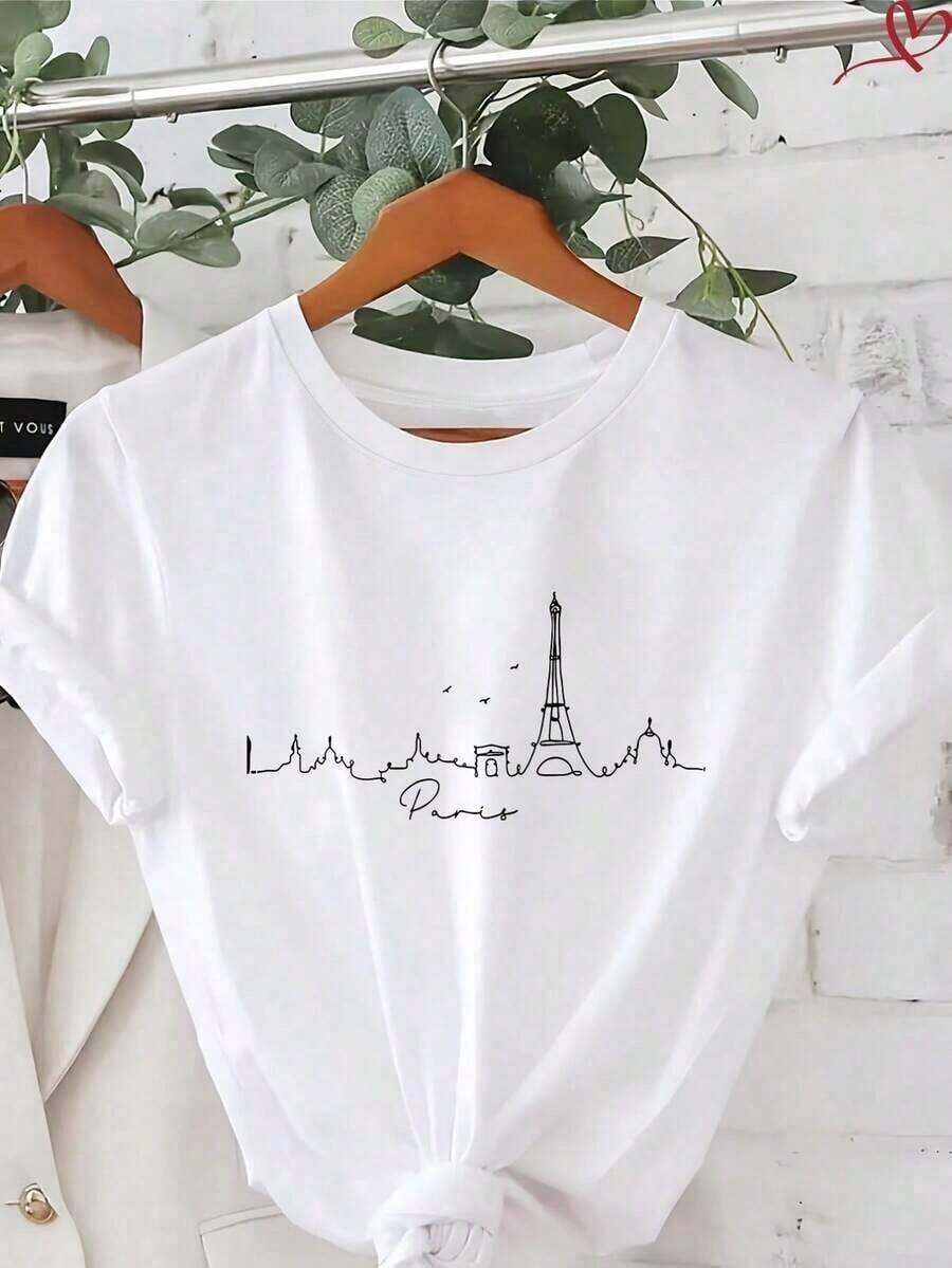 Camiseta Casual de Manga Corta para Mujer, Mezcla de Algodón, con Estampado de Coche 'Chasing The Horizon', Cuello Redondo, Largo Regular - Estilo_bm - Ver 1