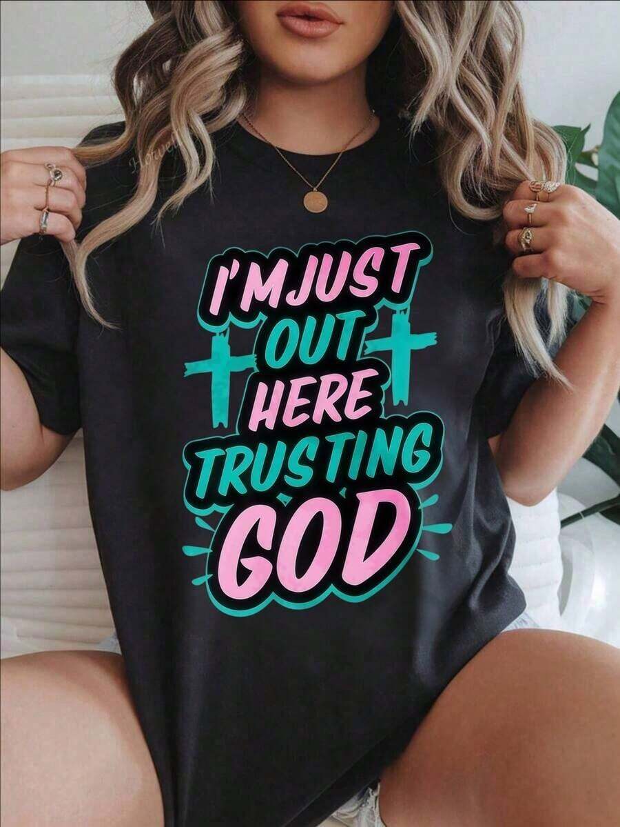 Women's Vintage Style Short Sleeve Casual T-Shirt - Summer Crew Neck T-Shirt With "I'm Just Out Here Trusting God" Print, Machine Washable, Women's T-Shirts, Casual Wear, Modern Style, Comfortable Fit
BlackFashion - 黑色 - 查看 1