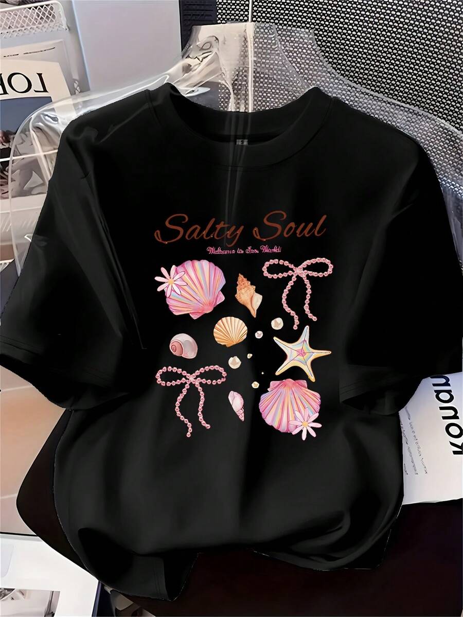 GiftGiftGiftGiftMexican National Football Team T-ShirtElegant Short-Sleeved Women's T-Shirt With Seashell Decorations, A Casual Round Neck T-Shirt Suitable For All SeasonsSoftT-ShirtsSoftSoftSoft - 黑色 - 查看 1